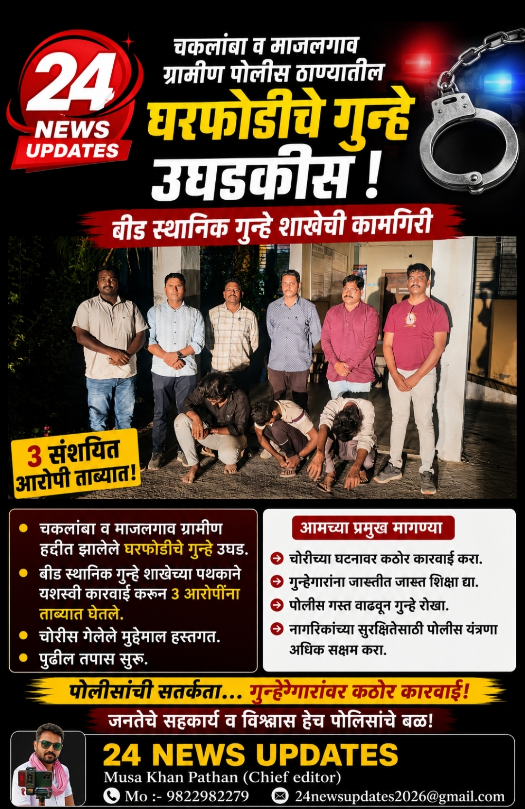 चकलांबा व माजलगाव ग्रामीण पोलीस ठाण्यातील घरफोडीचे गुन्हे उघडकीस – बीड स्थानिक गुन्हे शाखेची कामगिरी