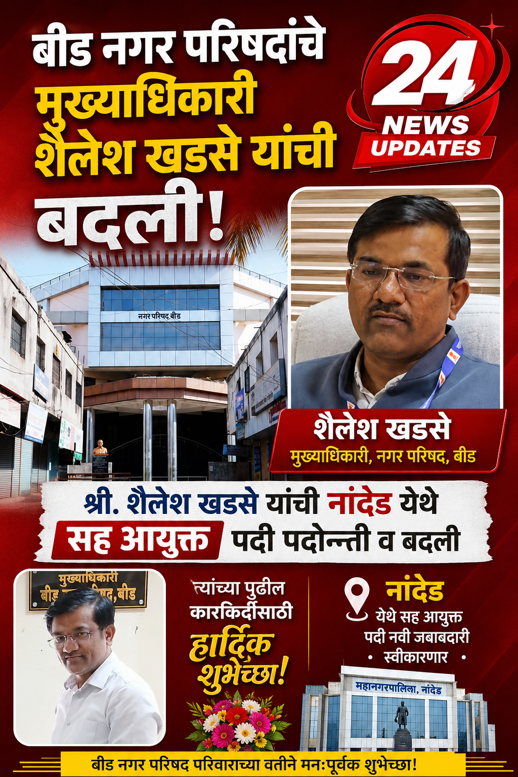 बीड नगर परिषदेचे मुख्याधिकारी शैलेश फडसे यांची बदली; नांदेड येथे सह आयुक्तपदी पदोन्नती