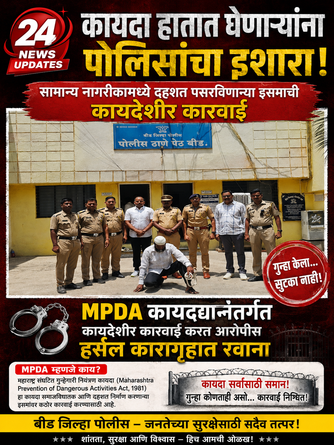 MPDA कायद्याअंतर्गत सामान्य नागरीकामध्ये दहशत पसरविणारे इसमाची केली हर्सल कारागृहात रवानगी